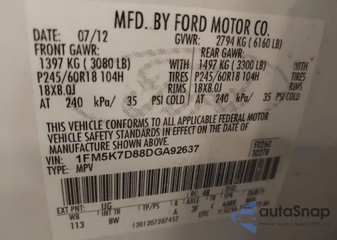 2013 Ford Explorer Xlt из США, поврежденный, VIN 1FM5K7D88DGA92637